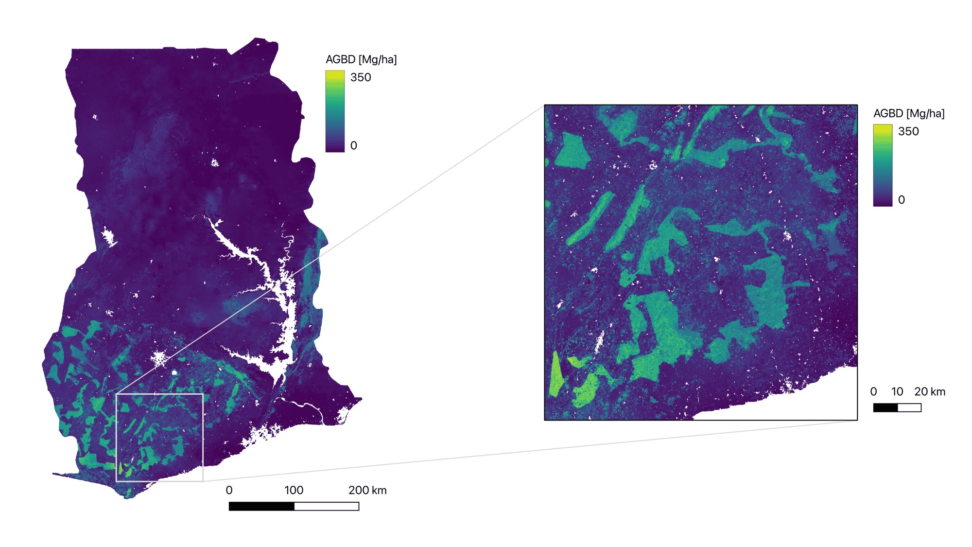 Dense AGB map of Ghana with a zoomed-in detail of forest reserves