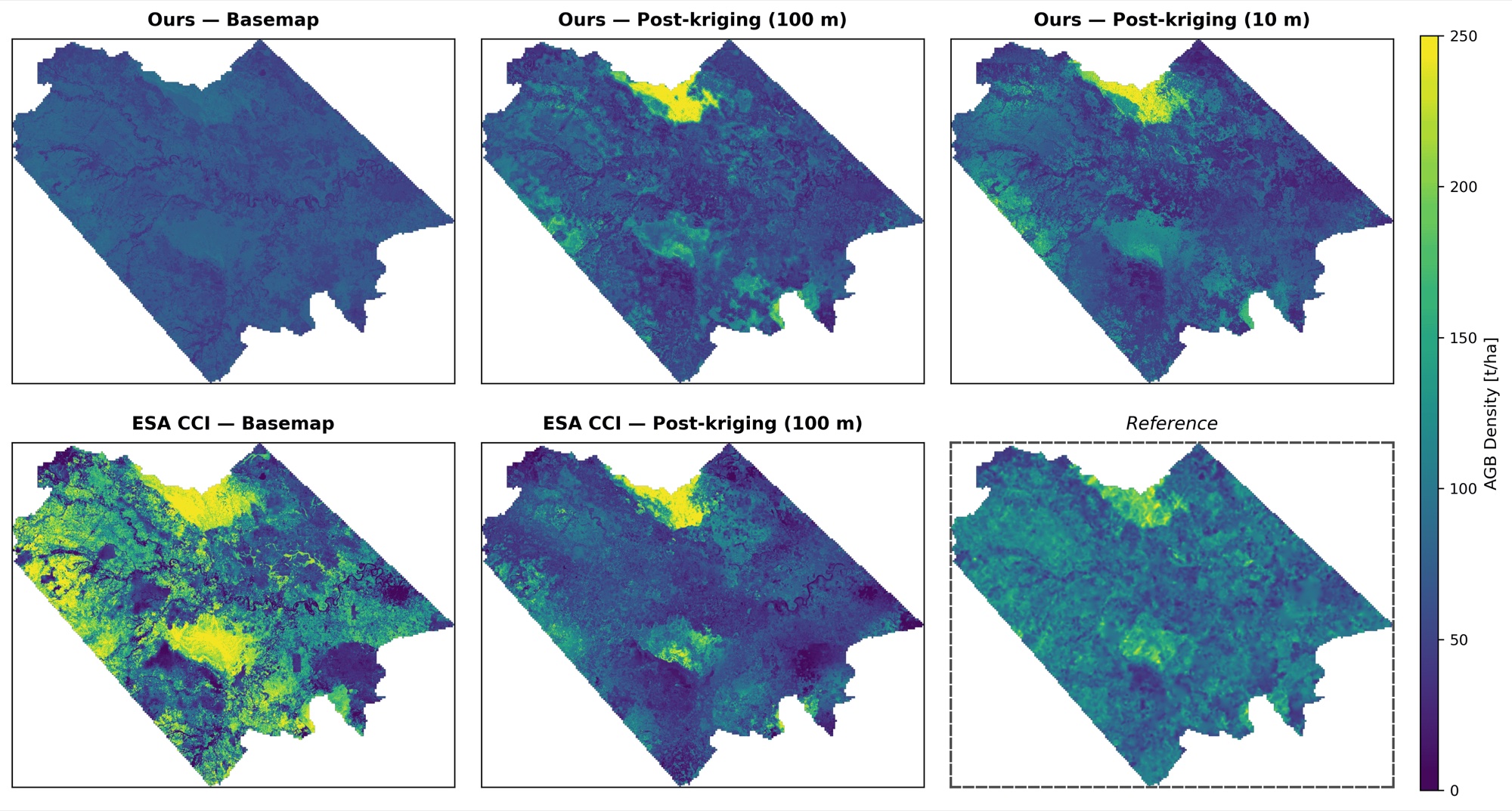 Our maps and ESA CCI maps over Jambi, before and after kriging, next to the reference map